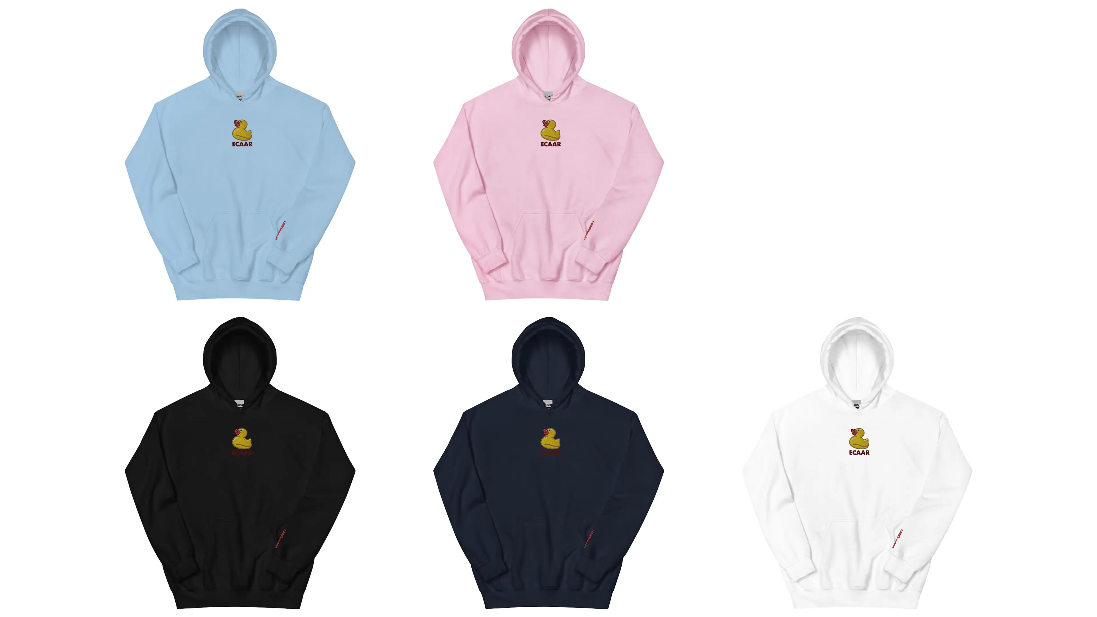 Various-colored hoodies with rubber duck in center and 'leadership' embroidered on cuff.